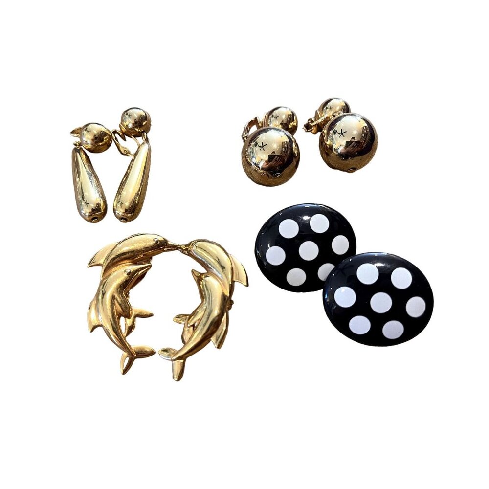 Vintage 80's and 90's Avon Clip On Earrings Lot of 4 Gold Tone Polka Dot Dolphin